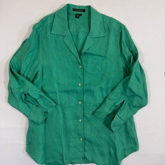 Lauren Ralph Lauren Tops - Lauren Ralph Lauren Green 100% Linen Herringbone Button Down Shirt Large